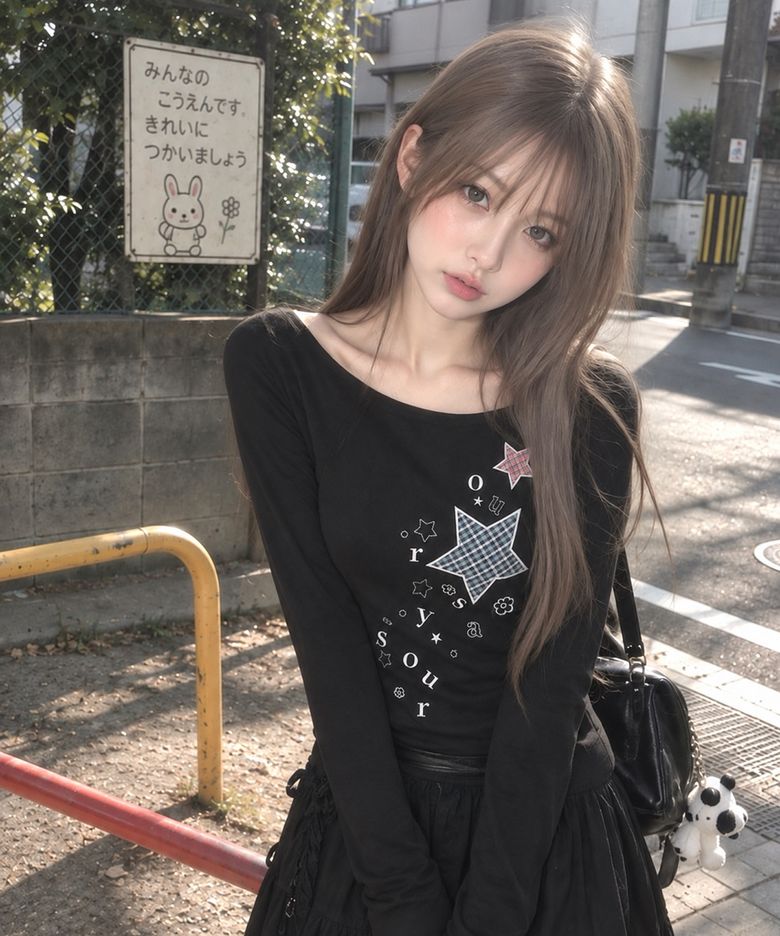 체크 투스타 아플리케 슬림 롱슬리브 블랙