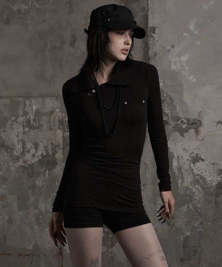 ASYMMETRIC SHIRRING COLLAR LONG SLEEVE BLACK