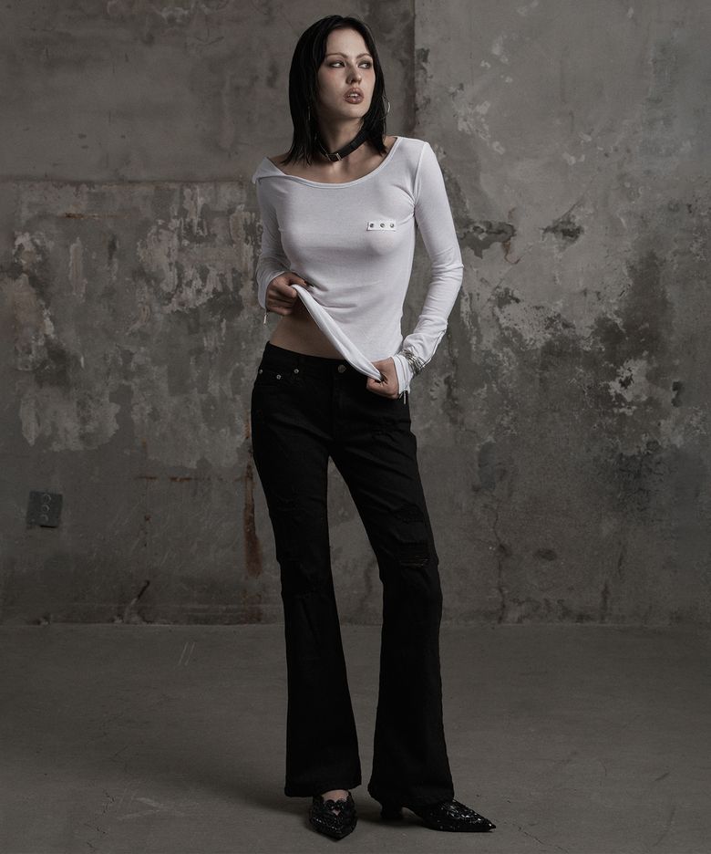 DISTRESSED STUD BOOTCUT PANTS BLACK
