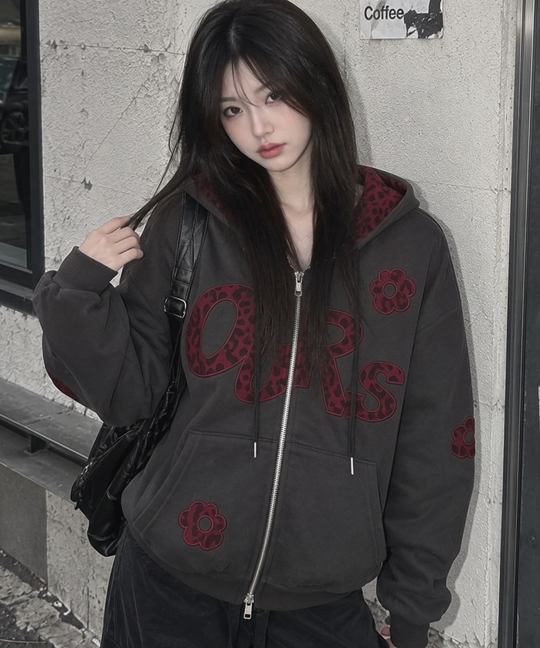 OURS 호피 아플리케 후드집업 챠콜