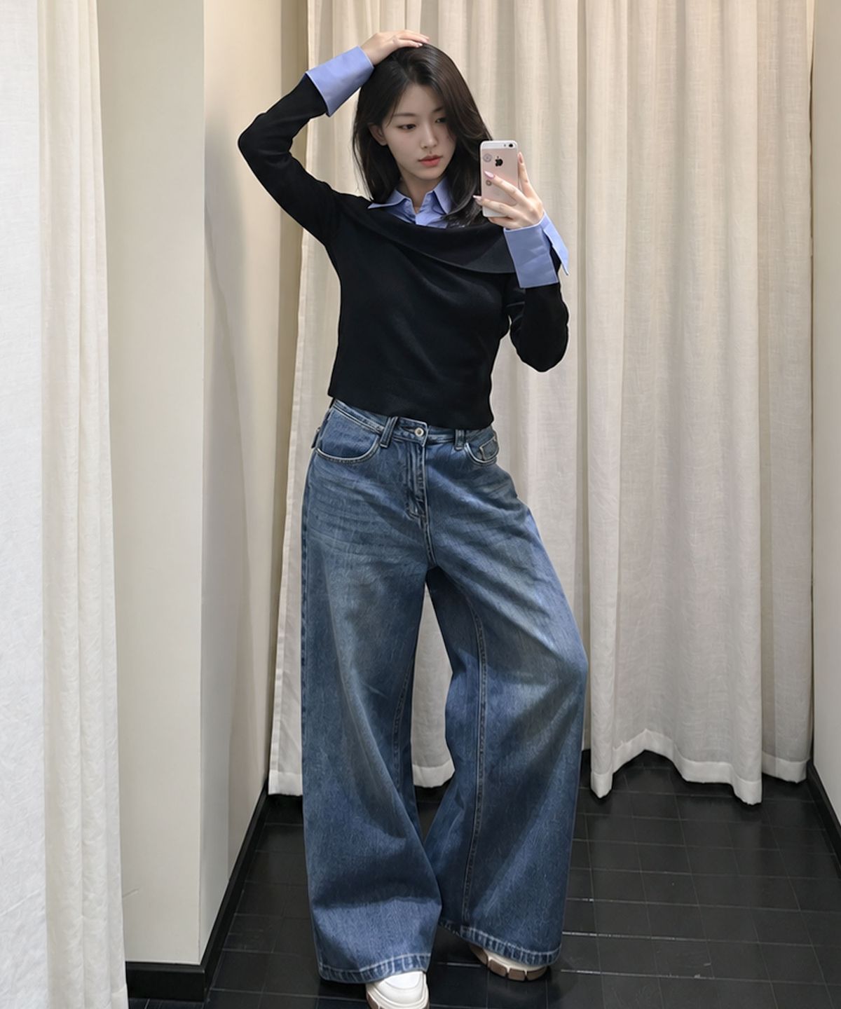 르 스튜디오(LE STUDIO) 클래식 레이어드 오프숄더 셔츠 (BL)