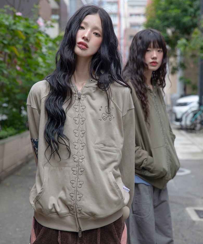WXJ058 코미치 꽃무늬 배색 후드 집업 (DARK BEIGE)
