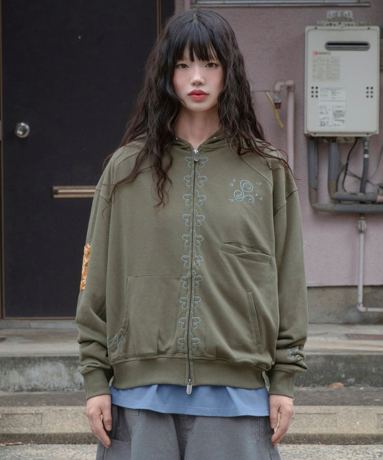 WXJ058 코미치 꽃무늬 배색 후드 집업 (KHAKI)