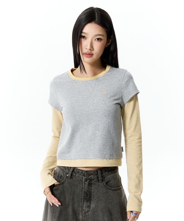 스트라이프 레이어드 롱 슬리브 [멜란지 그레이]
