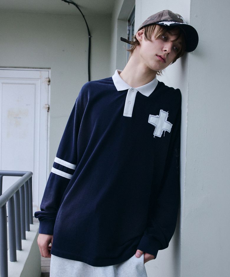 VINTAGE WASHED CROSS PATCH POLO SHIRT NAVY