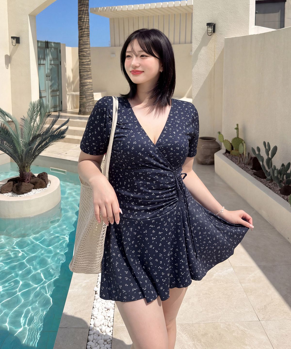 비키비키(BIKIBIKI) 리턴 셔링 반팔 원피스 수영복