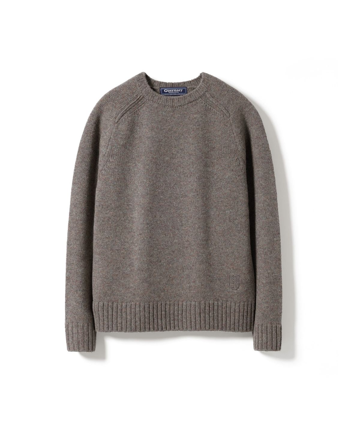 건지 울른스(Guernsey Woollens) 셔틀랜드울 스트럭쳐 새들 크루넥 스웨터 - 믹스 그레이