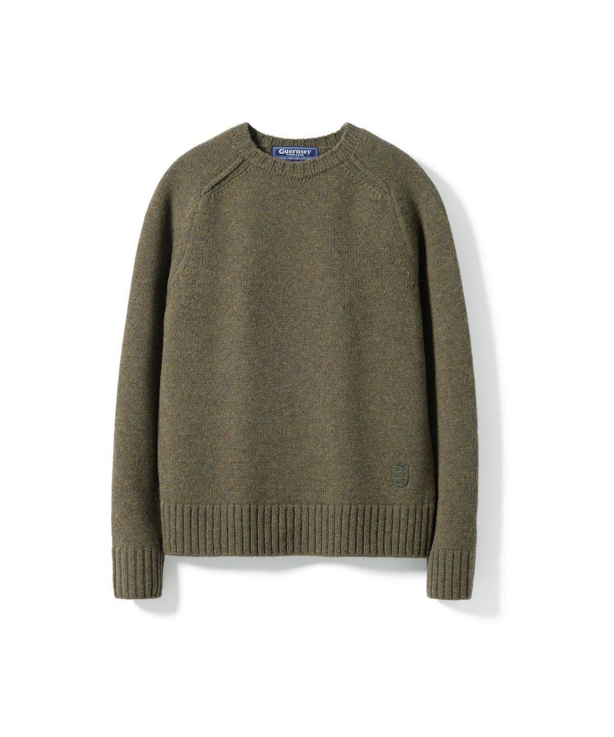 건지 울른스(Guernsey Woollens) 셔틀랜드울 스트럭쳐 새들 크루넥 스웨터 - 올리브