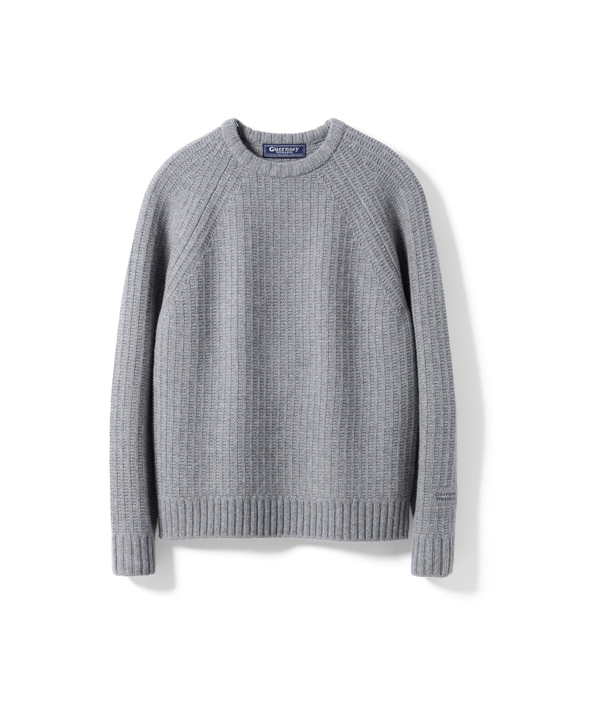 건지 울른스(Guernsey Woollens) 브리티쉬 립 나그랑 울 크루넥 스웨터 - 멜란지 그레이