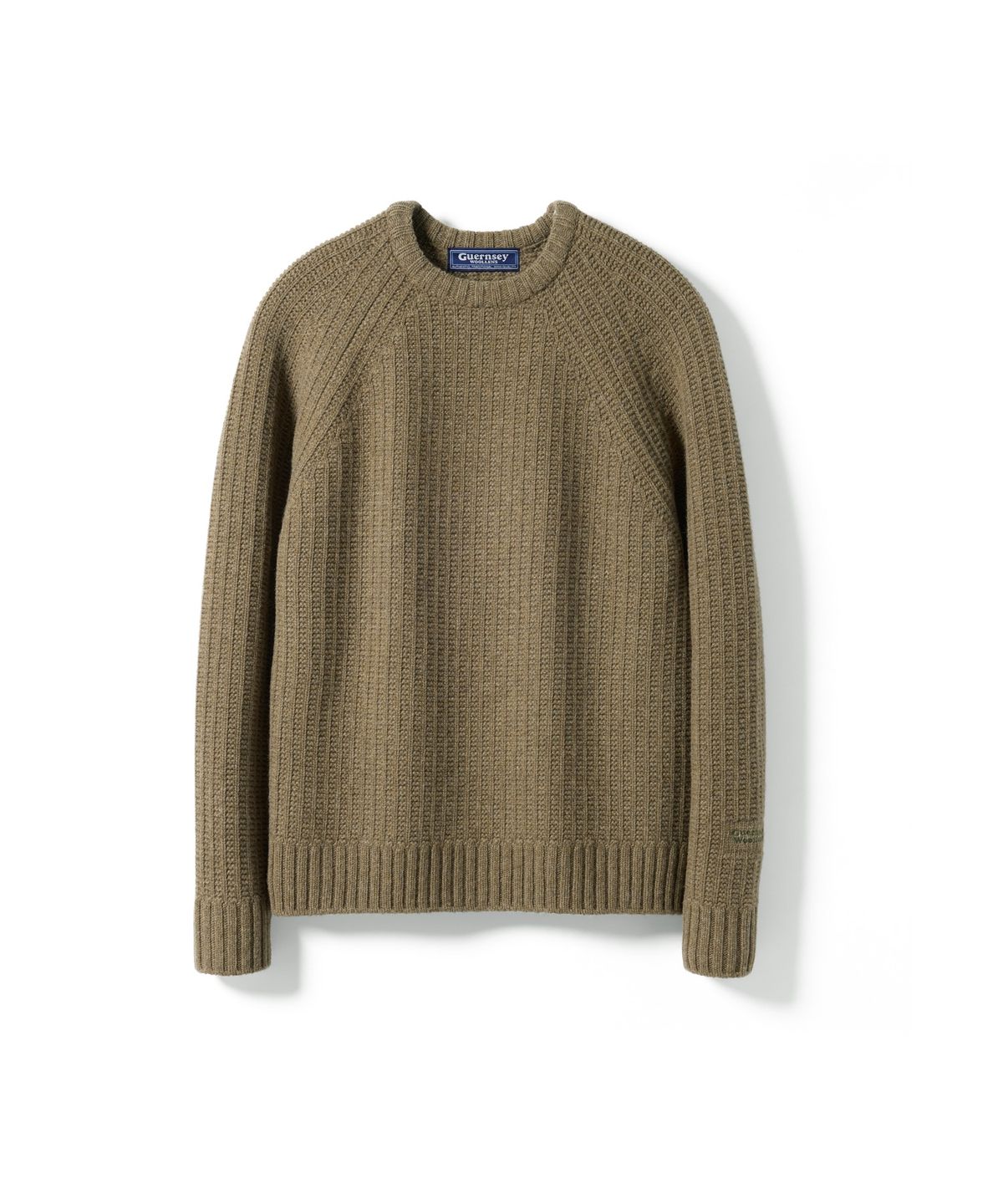 건지 울른스(Guernsey Woollens) 브리티쉬 립 나그랑 울 크루넥 스웨터 - 올리브