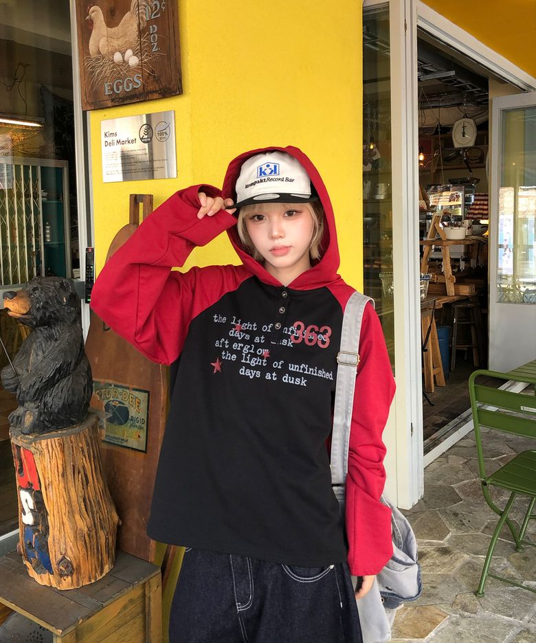 363 투톤 헨리넥 후드 롱 슬리브- 블랙