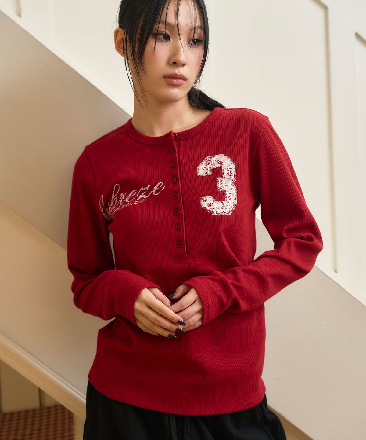 프렌다(PRENDA) NUMBER 3 HENLEY LONG SLEEVE BURGUNDY