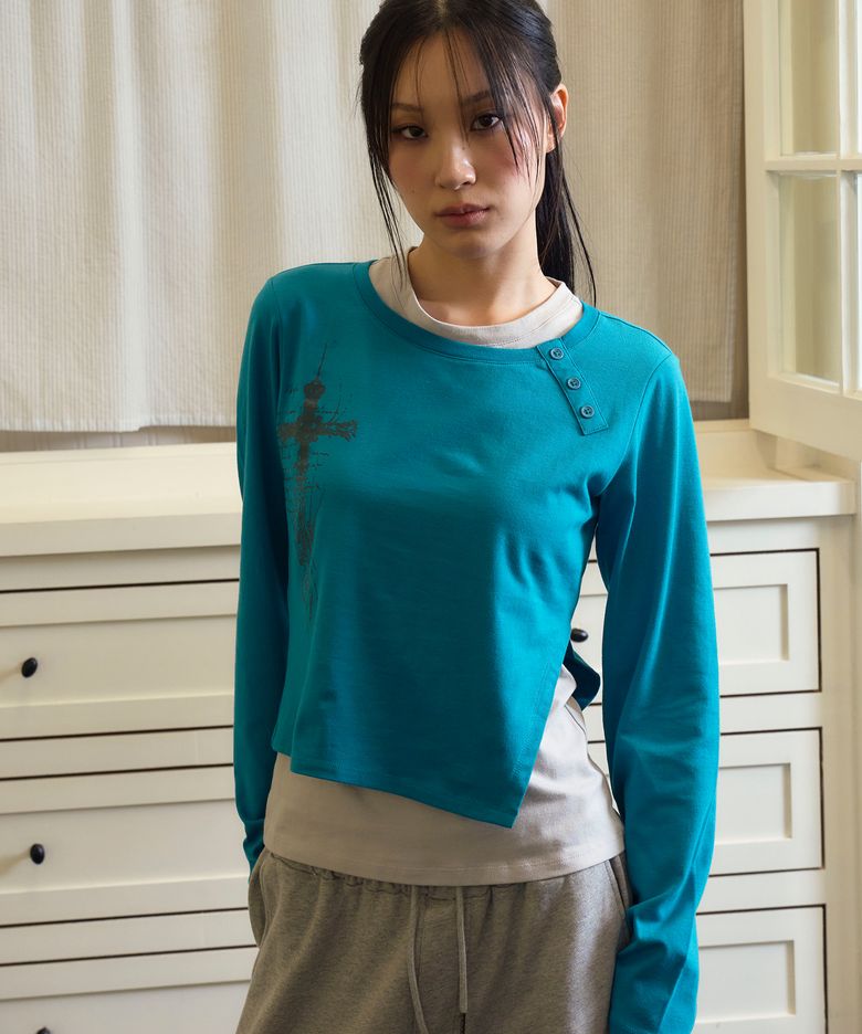 CROSS SLIT LAYERED LONG SLEEVE AQUA BLUE