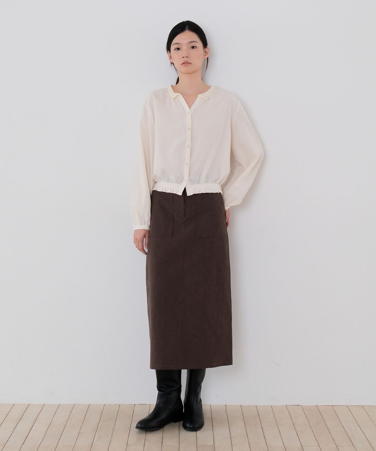 모의(MOUI) Washed cotton fatigue skirt (BROWN)