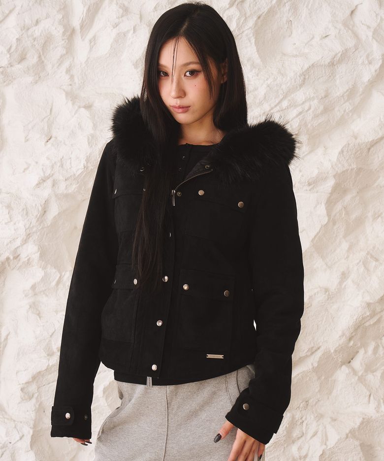 SUEDE FUR HOOD CROP JACKET BLACK