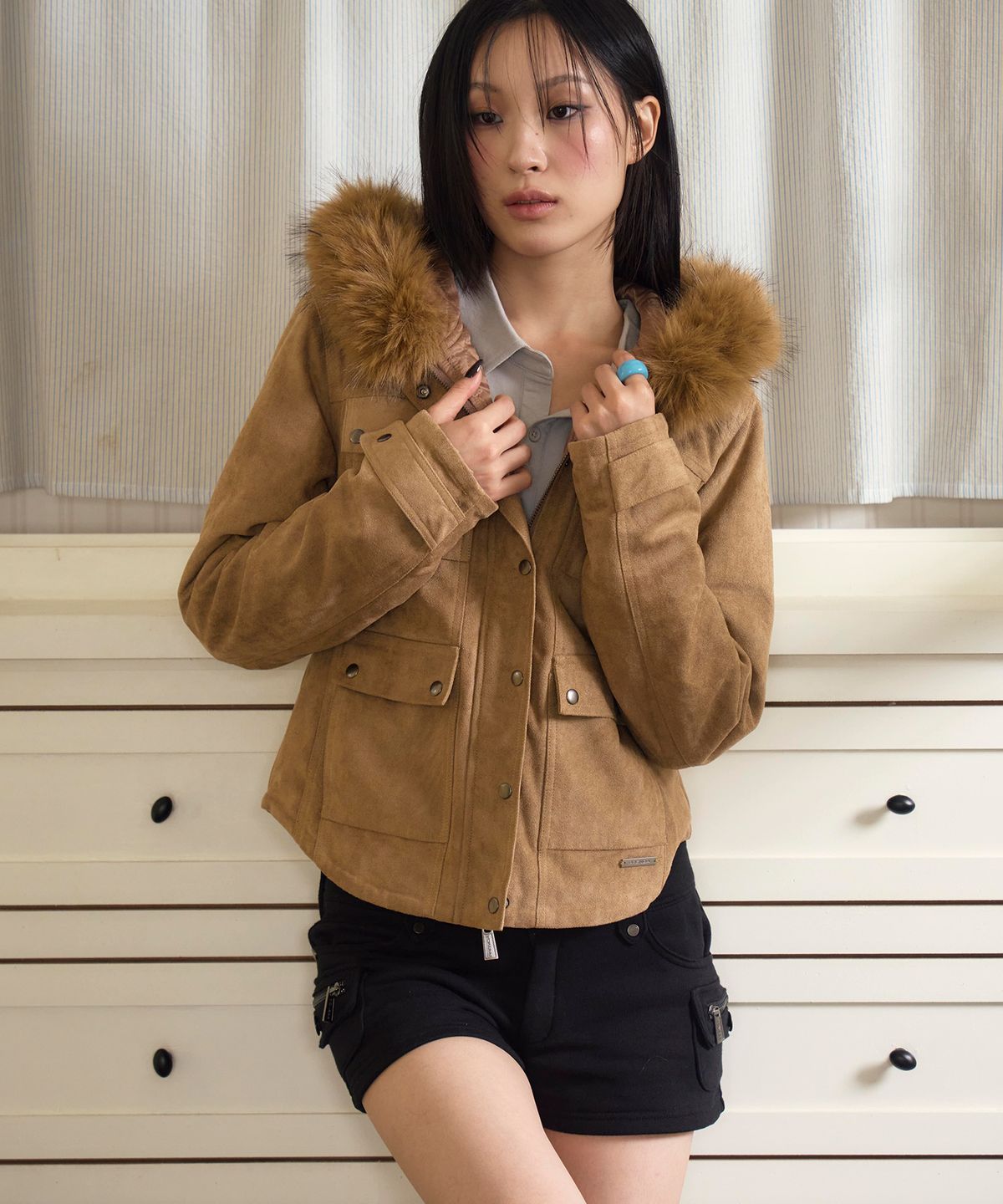 프렌다(PRENDA) SUEDE FUR HOOD CROP JACKET BROWN