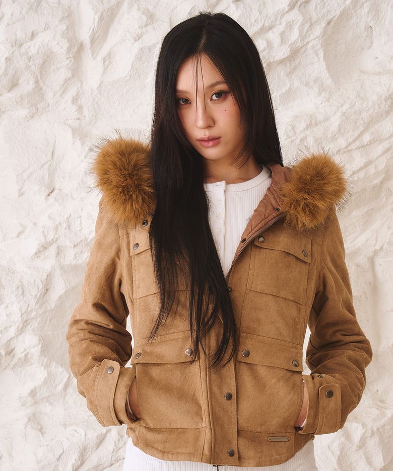SUEDE FUR HOOD CROP JACKET BROWN