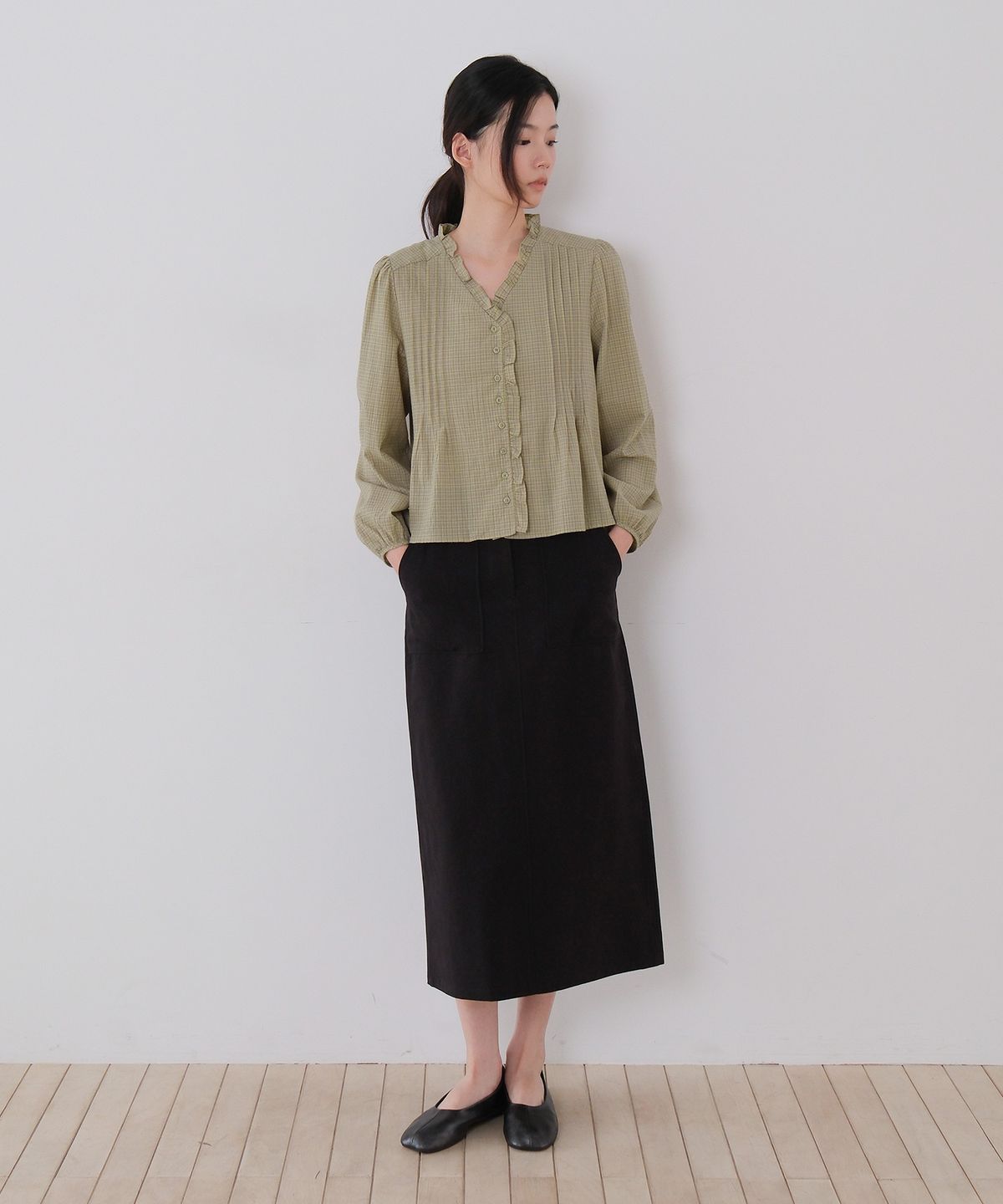 모의(MOUI) Washed cotton fatigue skirt (BLACK)