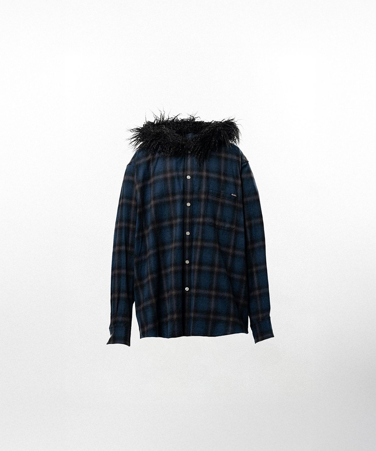 카미야(KAMIYA) Fur-Trimmed Hooded Check Shirt - NAVY
