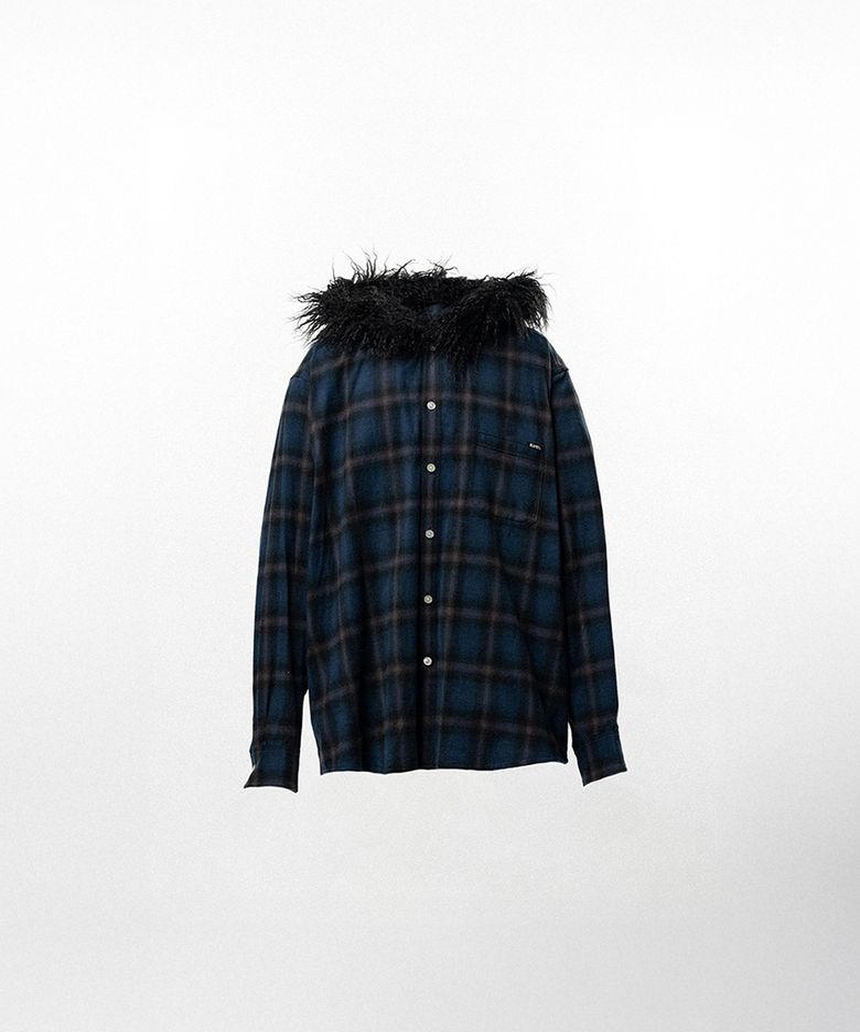 Fur-Trimmed Hooded Check Shirt - NAVY