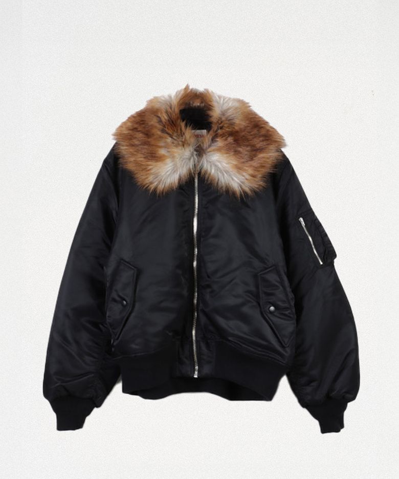 Embroidered Fur Collar Flight Jacket - BLACK