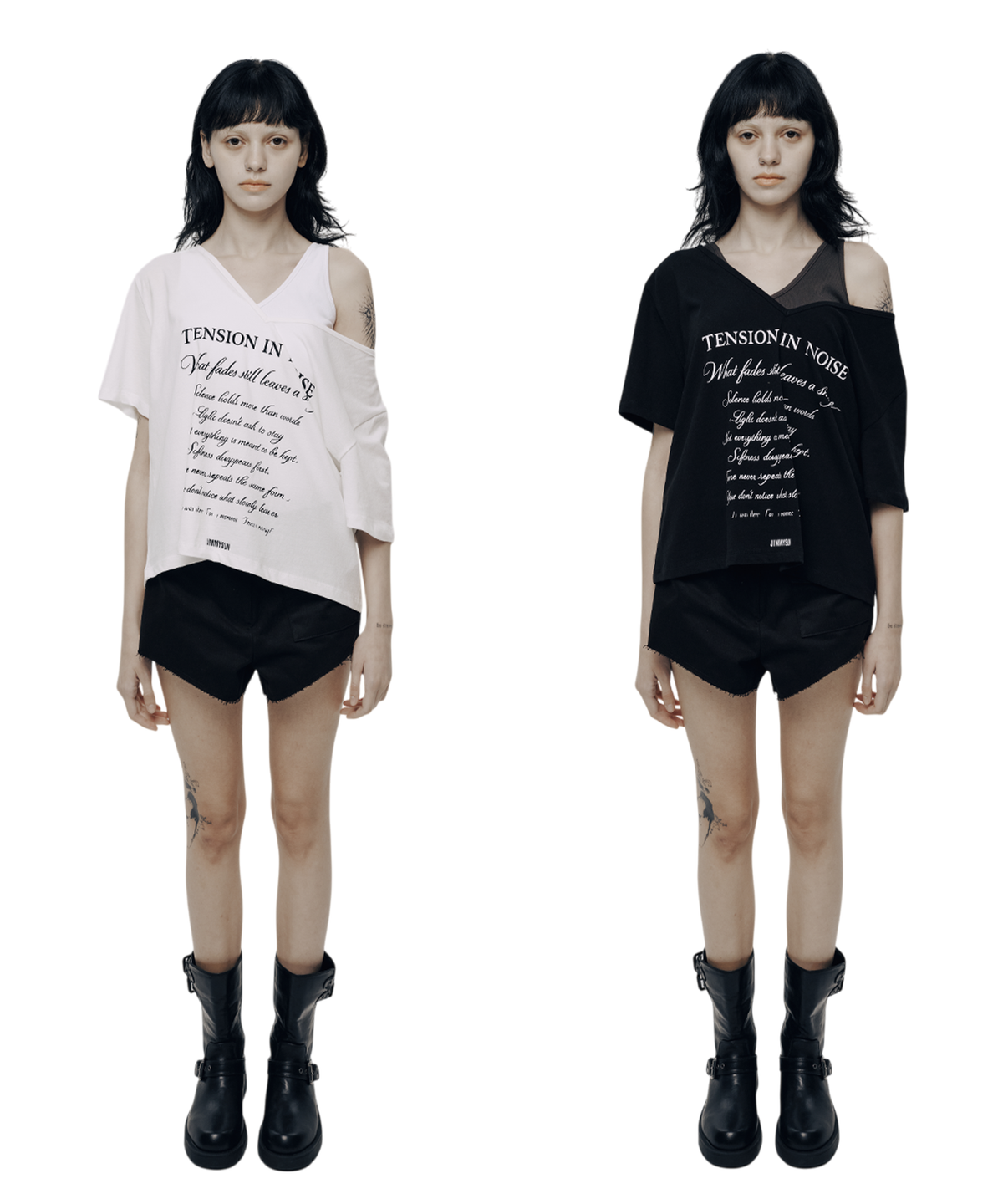 지미썬(JIMMY SUN) OFF SHOULDER LETTERING T-SHIRT (2 Colors)