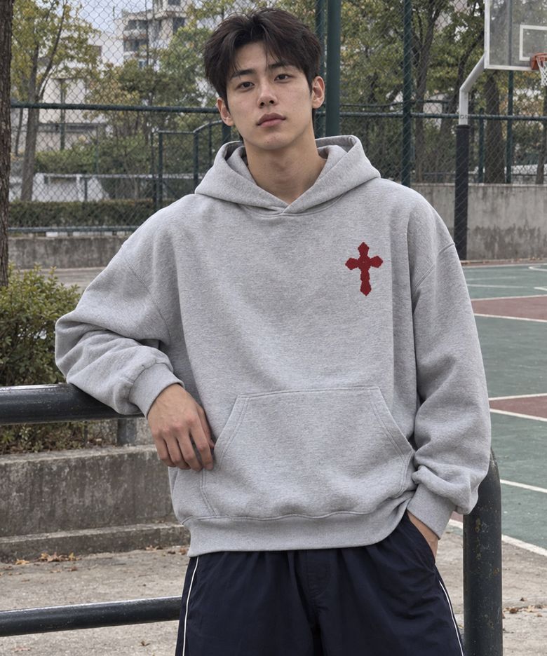 바로크 엠보 크로스 후드티셔츠