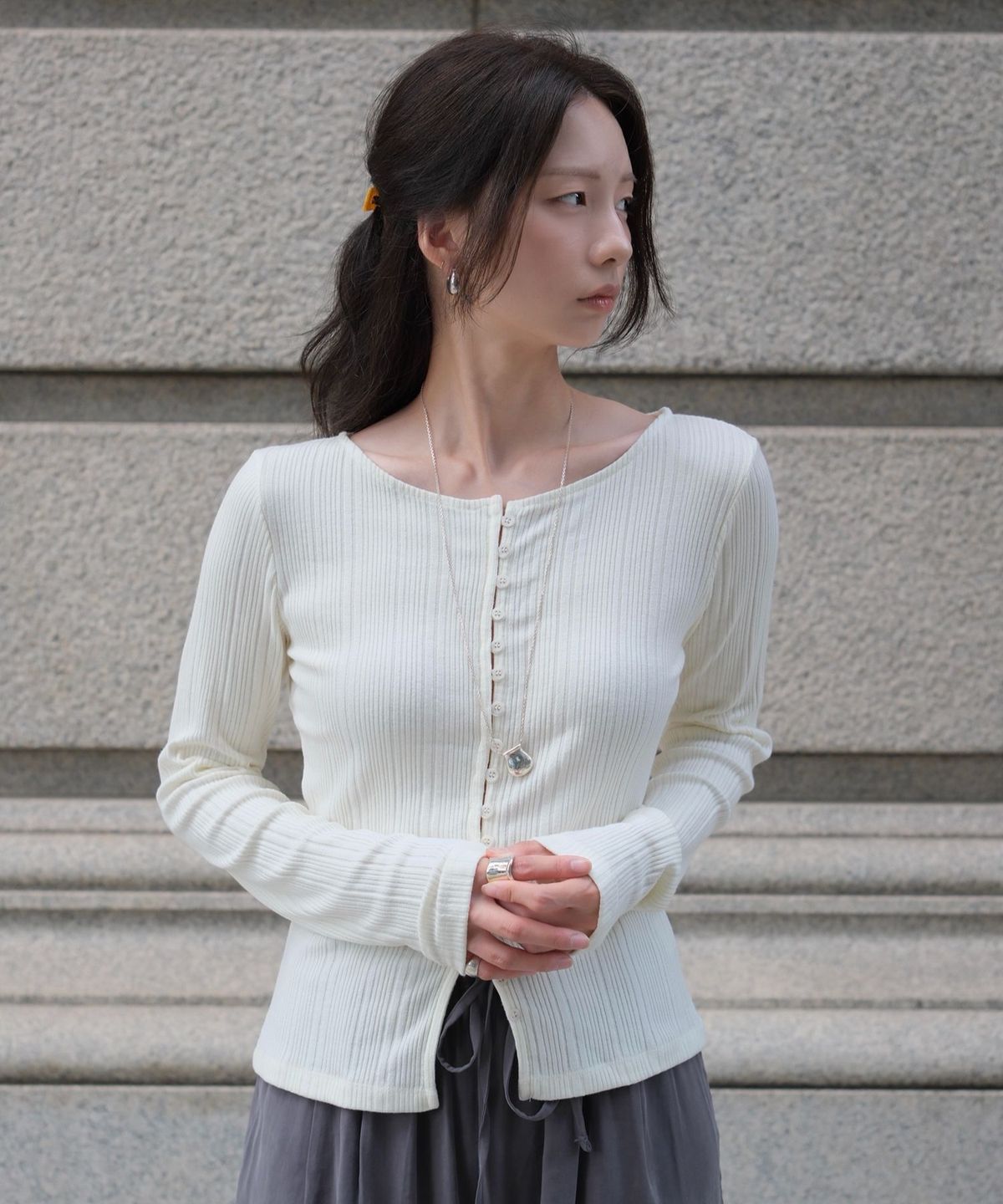 올유니(ALLUNEE) Button Rib Cardigan_Soft Ivory