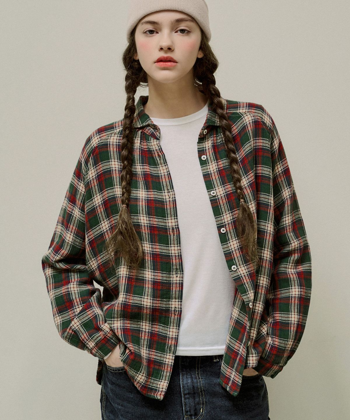 슬로우롤리(SLOWLOLLI) Stitch collar washed check shirt - Green