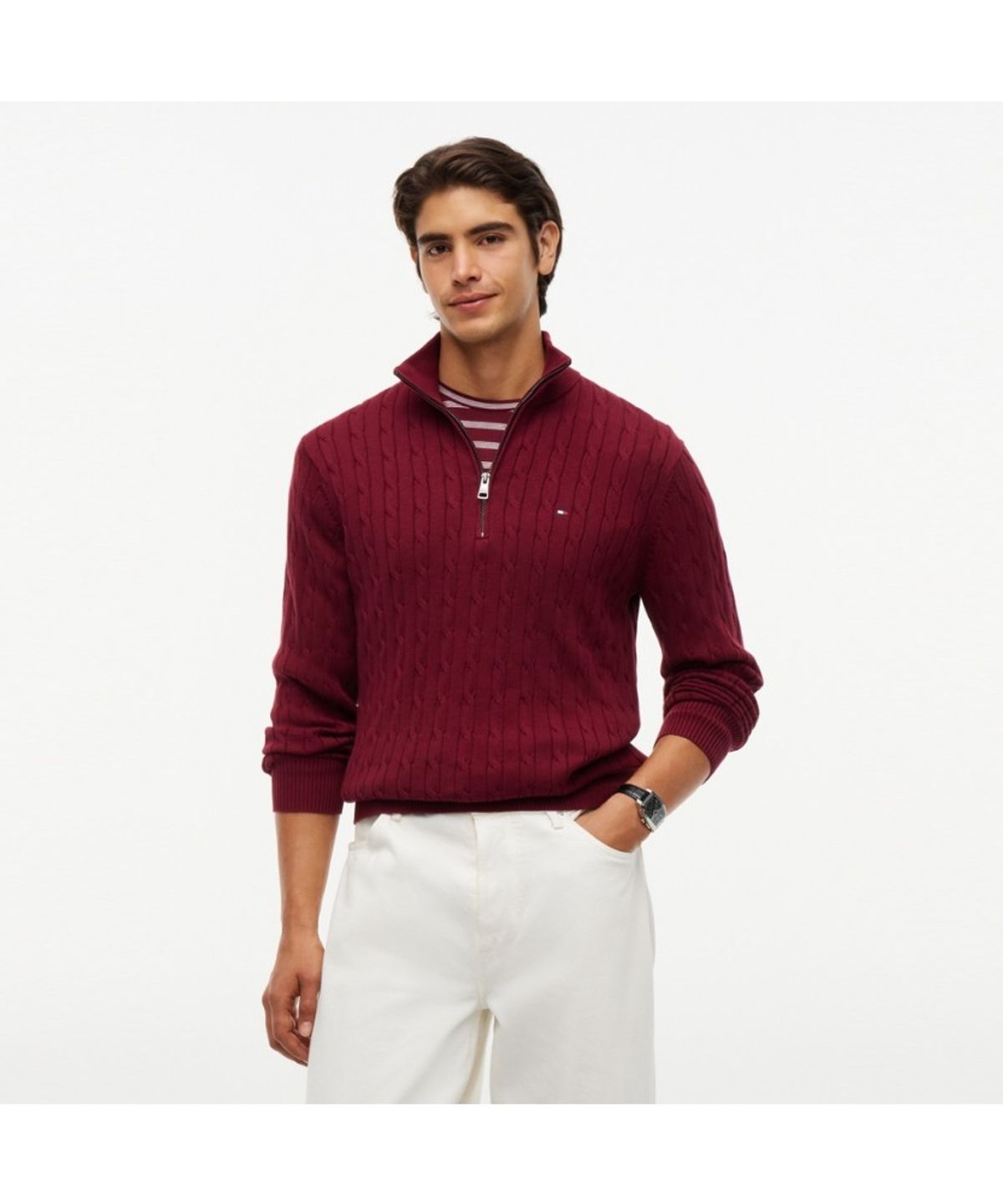 타미힐피거(TOMMY HILFIGER) 클래식 코튼 케이블 모크넥 하프 집업 (T12G7KPO130MT1VLP)