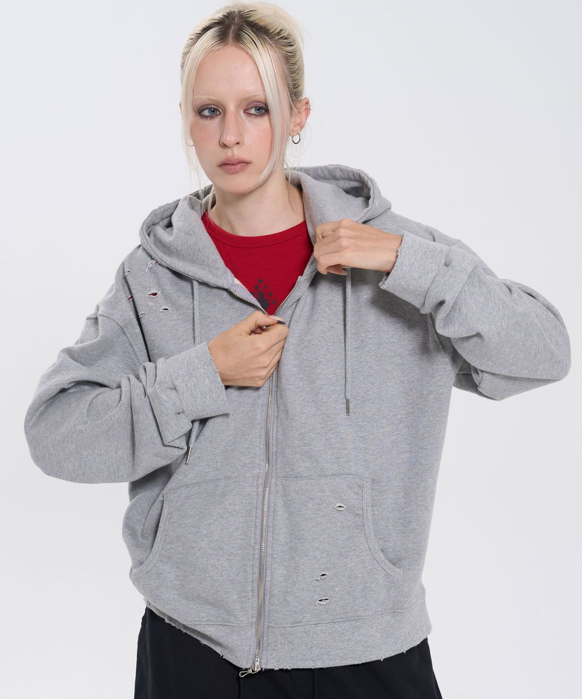 필프(PEALP) DISTRESSED WASHED HOODIE ZIP-UP 64 (MELANGE GRAY)