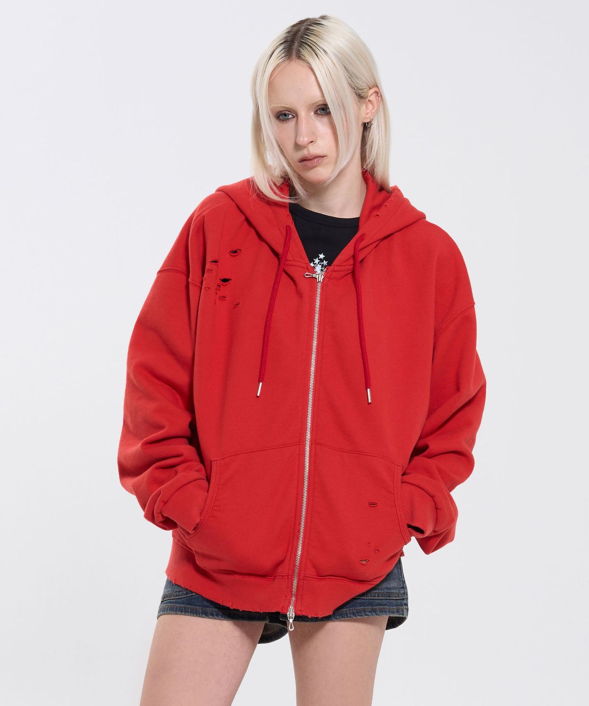 필프(PEALP) DISTRESSED WASHED HOODIE ZIP-UP 64 (RED)