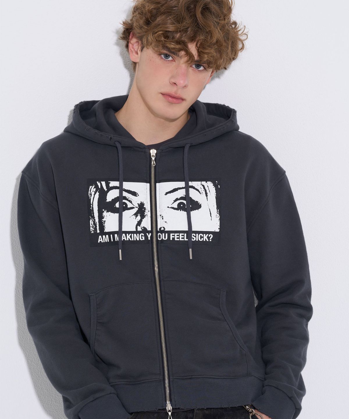 필프(PEALP) SICK FACE WASHED HOODIE ZIP-UP 65 (CHARCOAL)