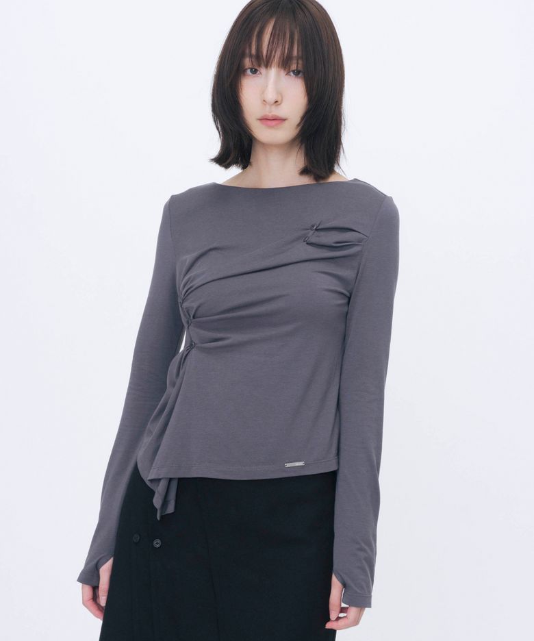Asymmetric draped long sleeve CHARCOAL