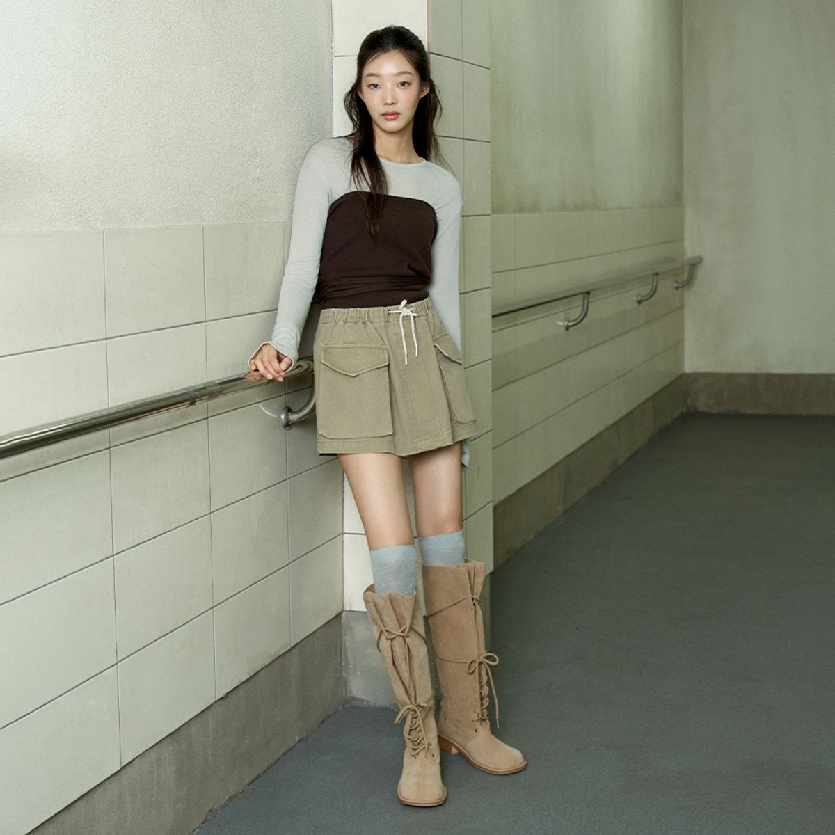 랩(LAP) 다잉코튼 카고 스트링 미니 스커트 AS3DS860