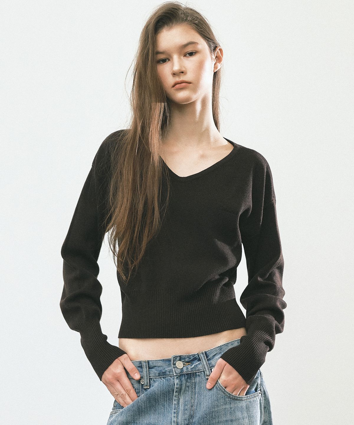 닉앤니콜(NICK&NICOLE) V NECK RIB KNIT TOP_BROWN