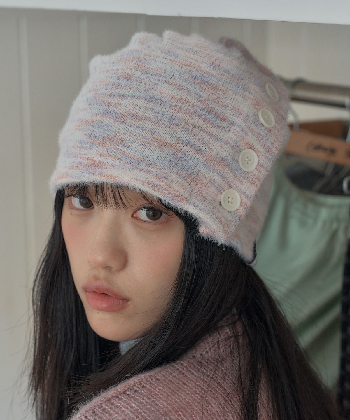 포에지담(POESIEDAME) BUTTON DRAW BEANIE IN MAUVE