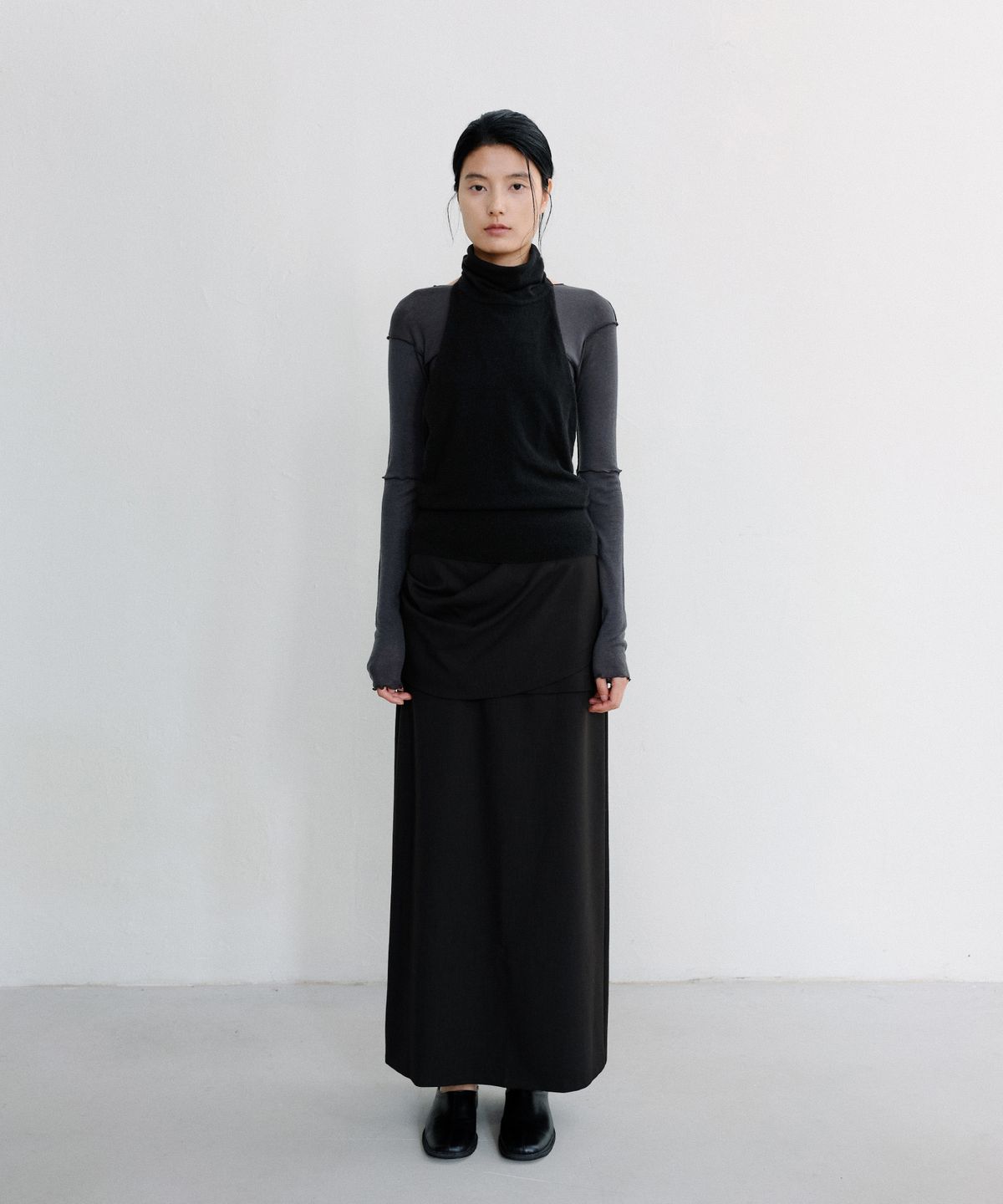로우타이드(LOW TIDE) OVERLAP LAYER MAXI SKIRT [BLACK]