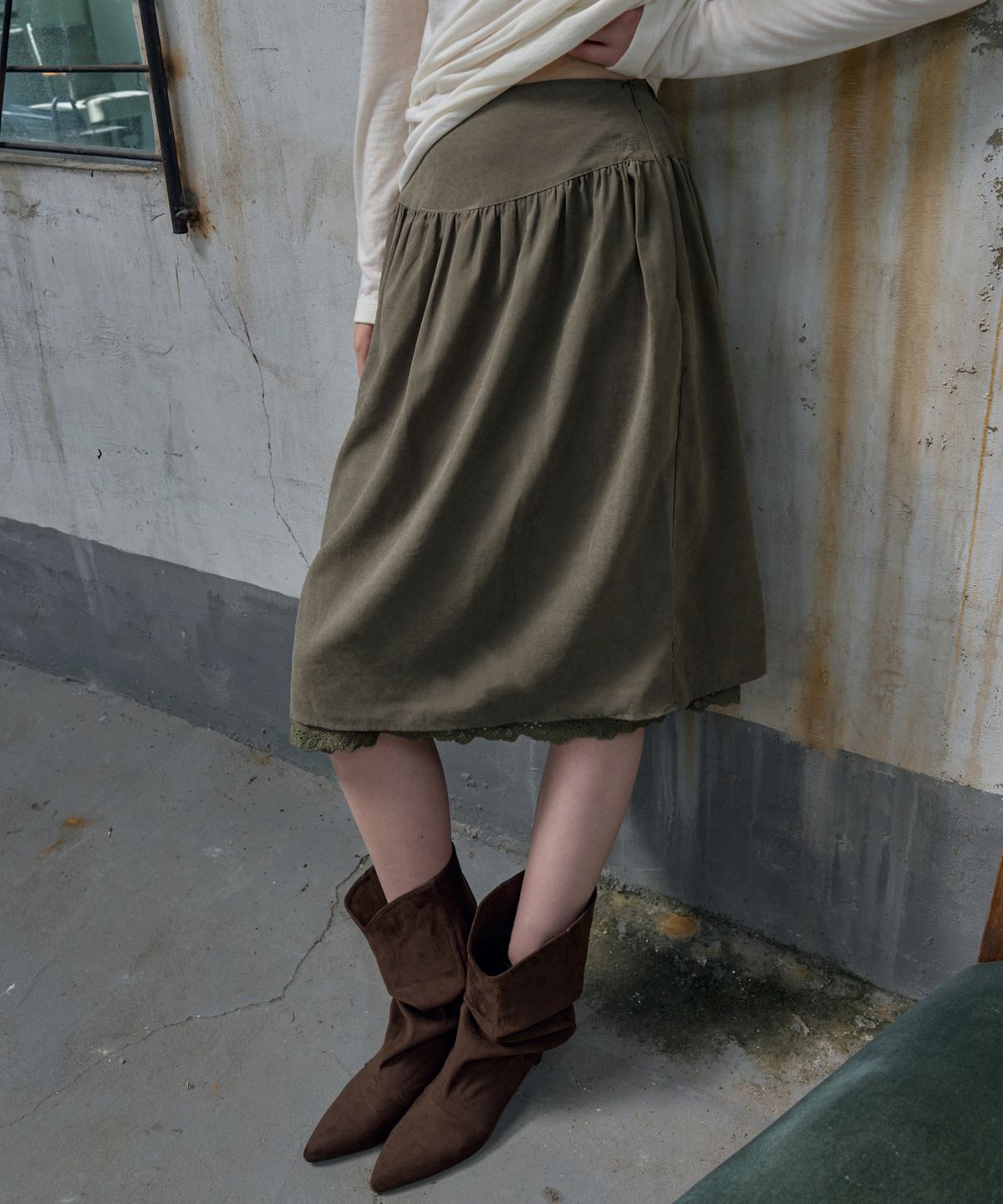 반원 아틀리에(VANONE ATELIER) P3331 셔링 레이스 스커트_Khaki