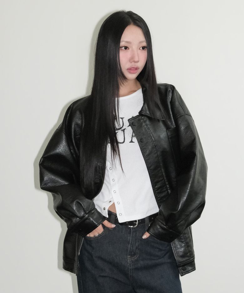 레더 포켓 오버핏 자켓 [블랙]