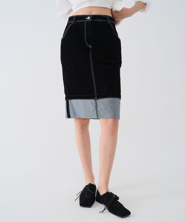 TURN-UP WASHED VELVET SKIRT_NAVY
