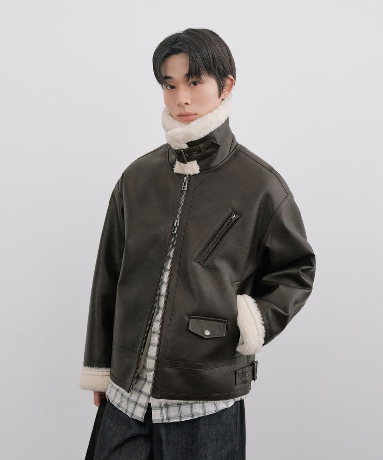 빈티지 레더 크롭 무스탕_브라운