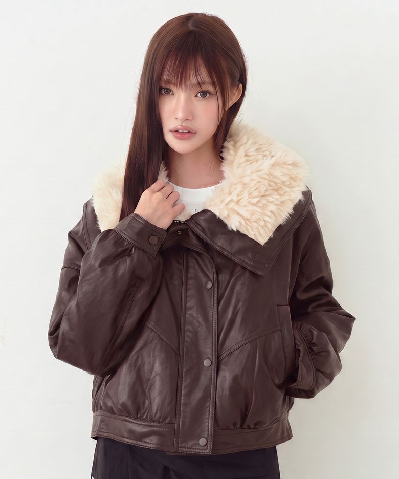 시어링 카라 레더 패딩 점퍼 [브라운]