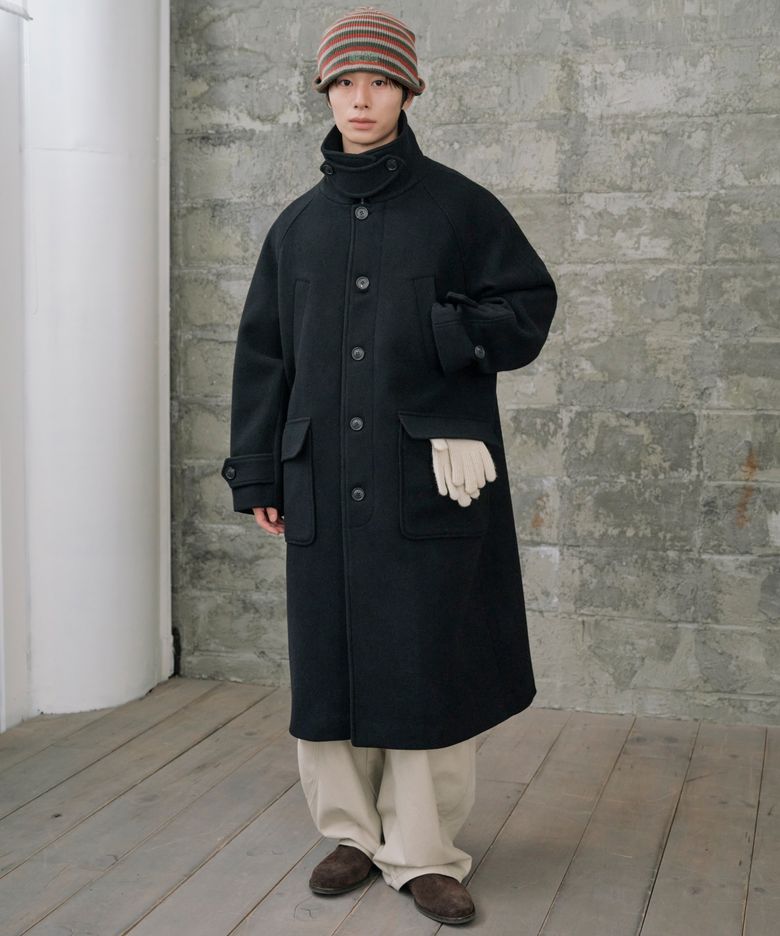 [Drape Wool] 캐시미어블렌드 세미오버핏 포켓 발마칸 코트_블랙
