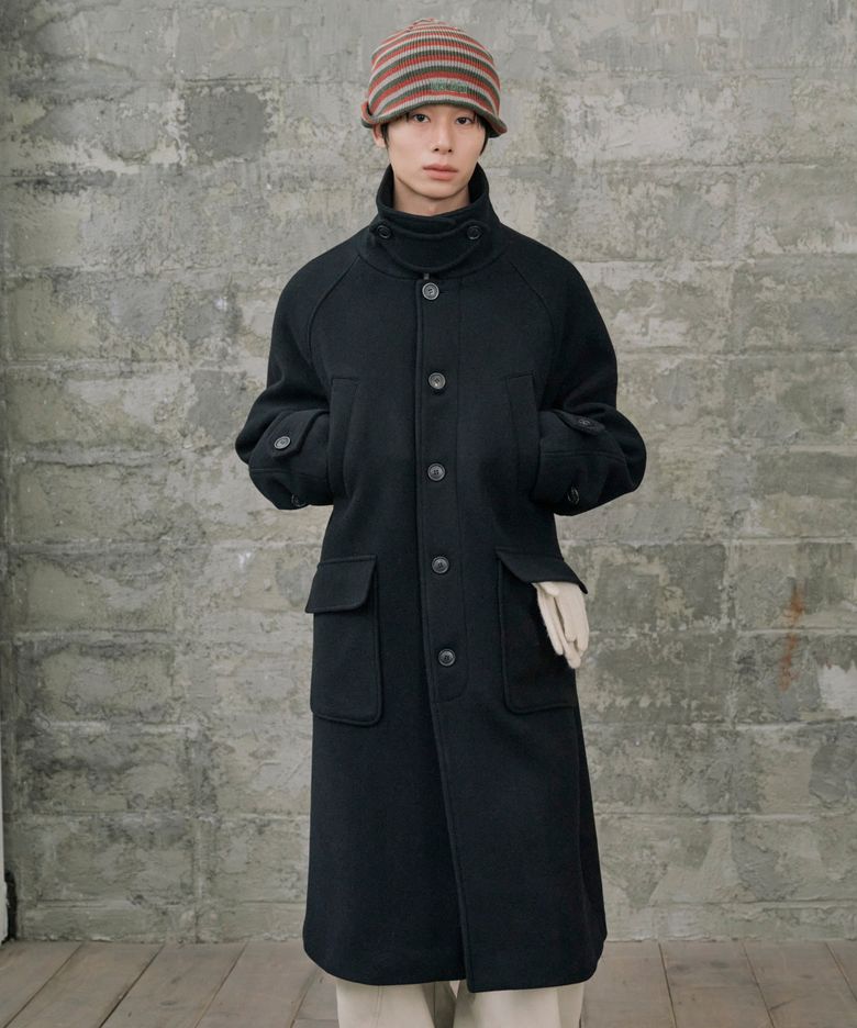 [Drape Wool] 캐시미어블렌드 세미오버핏 포켓 발마칸 코트_블랙