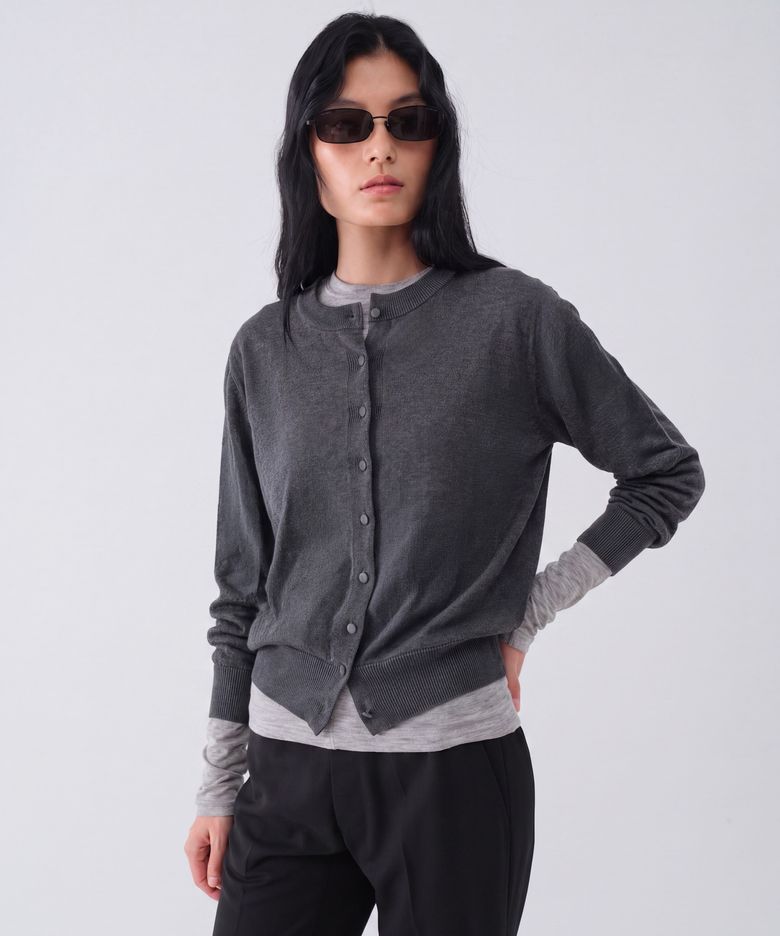 SOFT WOOL TENCEL ROUND CARDIGAN_CHARCOAL