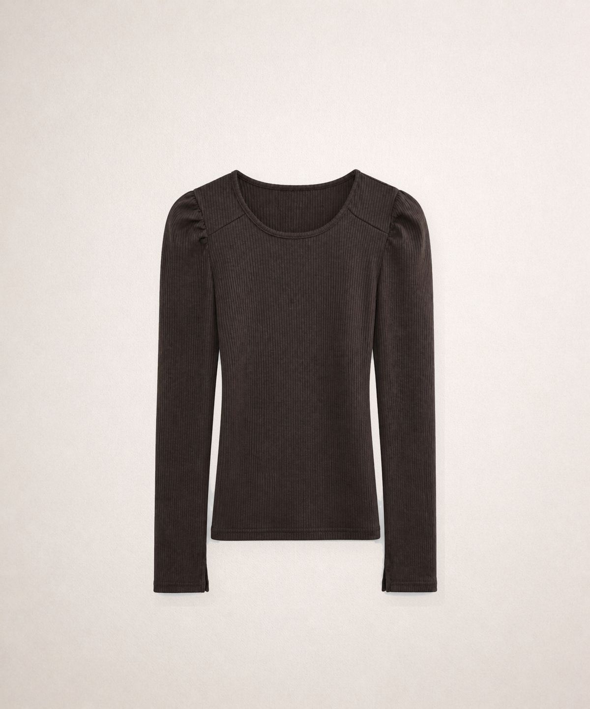 320쇼룸(320SHOWROOM) Scoop Neck Puff Sleeve Ribbed Top Brown