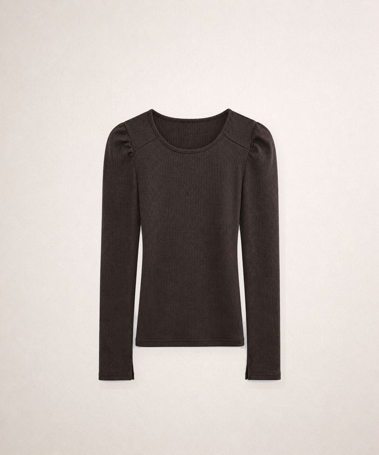 Scoop Neck Puff Sleeve Ribbed Top Brown