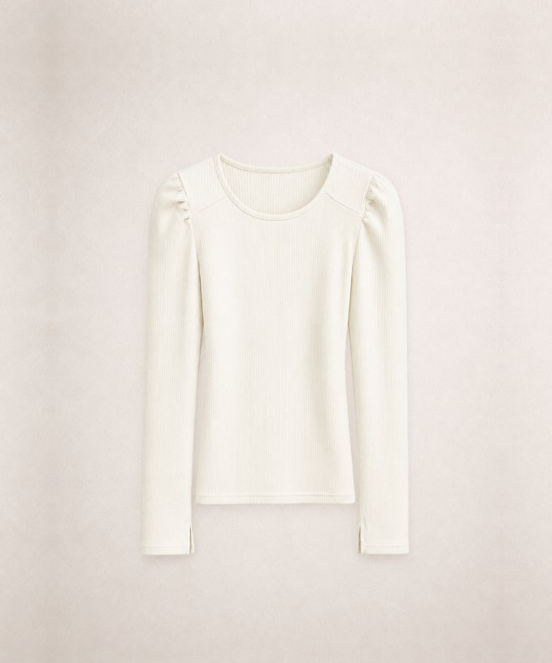 Scoop Neck Puff Sleeve Ribbed Top Ivory