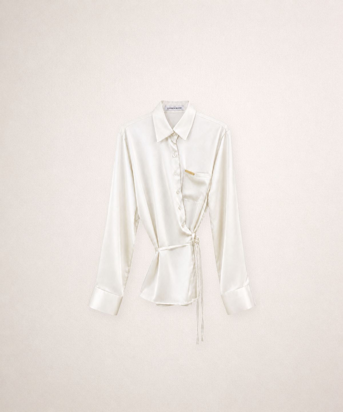 320쇼룸(320SHOWROOM) 2-Way Asymmetric Wrap Satin Shirt Ivory